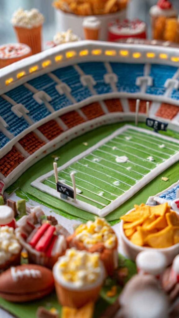 Football and Snacks Stadium Cake