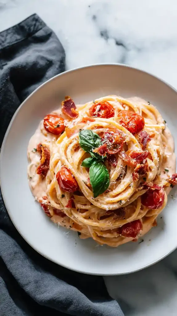 Creamy Roasted Tomato Ricotta Pasta with Crispy Prosciutto 