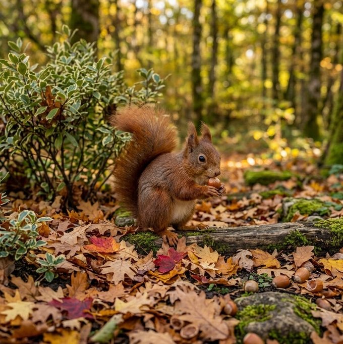 Red squirrel holding a nut among fallen autumn leaves in the forest