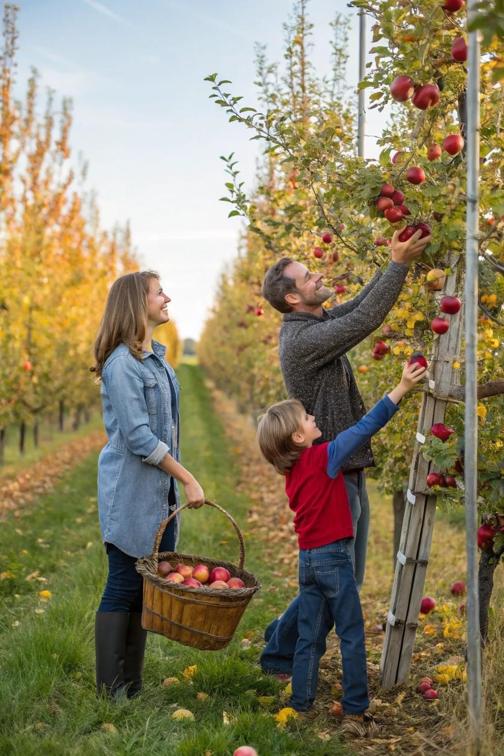 Family picking red apples together in a sunny apple orchard in fall